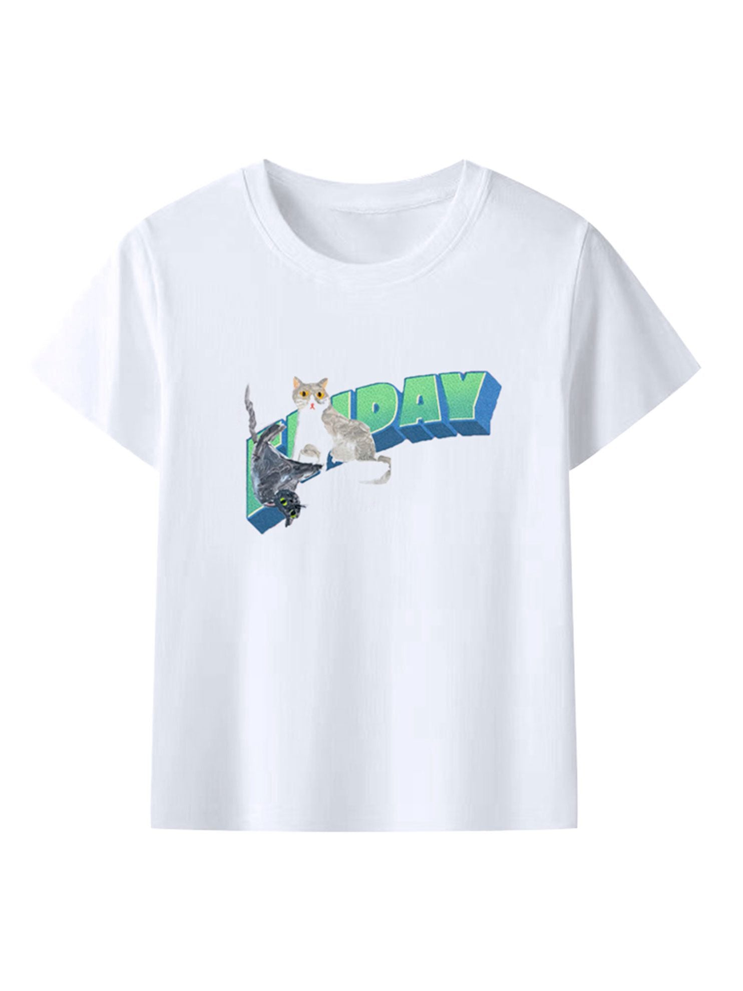 Cat Print White Crewneck T-Shirt